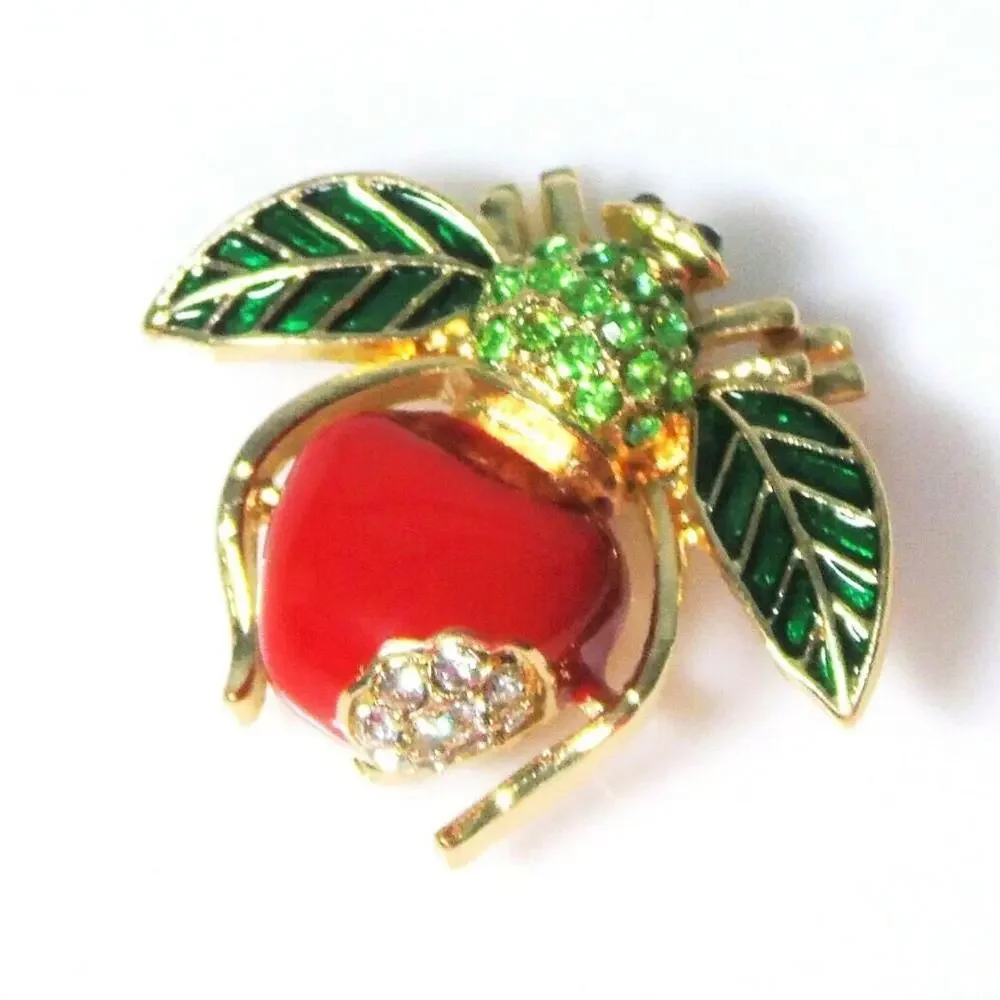 Joan Rivers Apple Bee Brooch Pin Green Crystal Rhinestones Red Enamel Fruit Vtg
